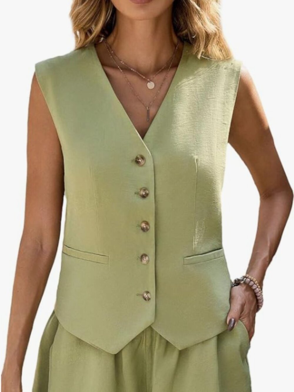 NWT Mina Self Sage Green Linen Blend Tailored Vest Waistcoat - Size Large